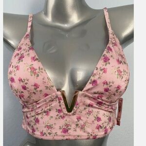 Victorias Secret Bikini Top Nwt Pink Floral Gold V Long Line Swim Bikini Top